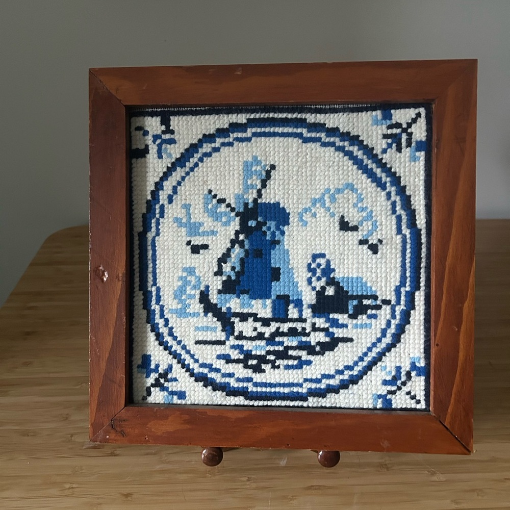 Antique Dutch Blue & White Windmill Needlepoint Cross Stitch Art in Wood Frame
